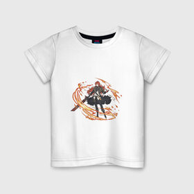 Детская футболка хлопок с принтом Дилюк в Тюмени, 100% хлопок | круглый вырез горловины, полуприлегающий силуэт, длина до линии бедер | арт | волчья погибель | дилюк | меч | милый парень | огонь | пламя | рисунок