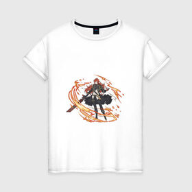 Женская футболка хлопок с принтом Дилюк в Тюмени, 100% хлопок | прямой крой, круглый вырез горловины, длина до линии бедер, слегка спущенное плечо | арт | волчья погибель | дилюк | меч | милый парень | огонь | пламя | рисунок