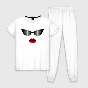 Женская пижама хлопок с принтом Черные очки с красными губами в Тюмени, 100% хлопок | брюки и футболка прямого кроя, без карманов, на брюках мягкая резинка на поясе и по низу штанин | for stylish | gradient | kiss | lipstick | plump lips | red lips | градиент | для стильных | красные губы | модные очки | помада | поцелуй | пухлые губы | черные очки