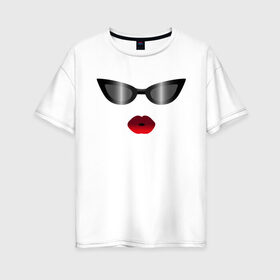 Женская футболка хлопок Oversize с принтом Черные очки с красными губами в Тюмени, 100% хлопок | свободный крой, круглый ворот, спущенный рукав, длина до линии бедер
 | for stylish | gradient | kiss | lipstick | plump lips | red lips | градиент | для стильных | красные губы | модные очки | помада | поцелуй | пухлые губы | черные очки