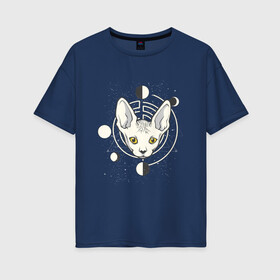 Женская футболка хлопок Oversize с принтом Космический кот сфинкс в Тюмени, 100% хлопок | свободный крой, круглый ворот, спущенный рукав, длина до линии бедер
 | earth | fruit | galaxy | geometry | mars | moon | planet | satellite | saturn | space | sphynx cat | sputnik | галактика | геометрия | звезды | земля | космос | луна | марс | планеты | половина яблока | саттелит | сатурн | созвездия | спутник
