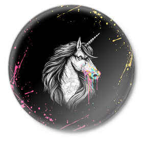 Значок с принтом ЕДИНОРОГ | UNICORN RAINBOW в Тюмени,  металл | круглая форма, металлическая застежка в виде булавки | Тематика изображения на принте: abstraction | color | colors | dab | geometry | hexagon | paints | pony | rainbow | unicornis dab | абстракция | брызги | геометрия | даб | единорог | единорог радуга | животные | краски | красочные | ляпистые | неон | неоновый | пони | радуга |