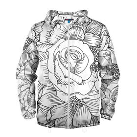 Мужская ветровка 3D с принтом Тату цветы в Тюмени, 100% полиэстер | подол и капюшон оформлены резинкой с фиксаторами, два кармана без застежек по бокам, один потайной карман на груди | белый | лилия | подсолнух | роза | тату | цветы | черный