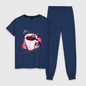 Женская пижама хлопок с принтом Космическая чашка кофе в Тюмени, 100% хлопок | брюки и футболка прямого кроя, без карманов, на брюках мягкая резинка на поясе и по низу штанин | coffee | liquid | mily way | moon | morning | nebula | planet | space | symbol | внутри кружки | галактика | жидкость | код | космос | кружка | кружка с кофе | луна | млечный путь | планета | программист | символы | спутник sputnik | 