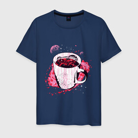 Мужская футболка хлопок с принтом Космическая чашка кофе в Тюмени, 100% хлопок | прямой крой, круглый вырез горловины, длина до линии бедер, слегка спущенное плечо. | coffee | liquid | mily way | moon | morning | nebula | planet | space | symbol | внутри кружки | галактика | жидкость | код | космос | кружка | кружка с кофе | луна | млечный путь | планета | программист | символы | спутник sputnik | 
