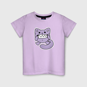 Детская футболка хлопок с принтом Кот зубастик в Тюмени, 100% хлопок | круглый вырез горловины, полуприлегающий силуэт, длина до линии бедер | зубастик | зубастый | кот | котик. | мультяшный | фиолетовый