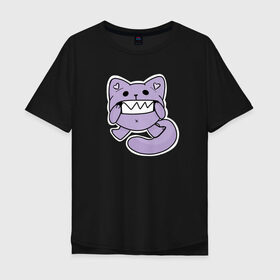 Мужская футболка хлопок Oversize с принтом Кот зубастик в Тюмени, 100% хлопок | свободный крой, круглый ворот, “спинка” длиннее передней части | Тематика изображения на принте: зубастик | зубастый | кот | котик. | мультяшный | фиолетовый