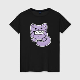 Женская футболка хлопок с принтом Кот зубастик в Тюмени, 100% хлопок | прямой крой, круглый вырез горловины, длина до линии бедер, слегка спущенное плечо | зубастик | зубастый | кот | котик. | мультяшный | фиолетовый