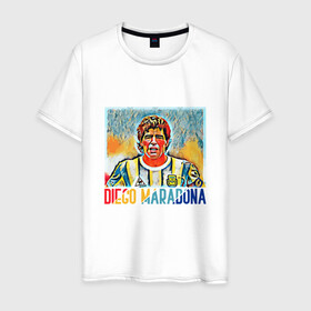 Мужская футболка хлопок с принтом Diego Maradona в Тюмени, 100% хлопок | прямой крой, круглый вырез горловины, длина до линии бедер, слегка спущенное плечо. | argentina | football | maradona | messi | аргентина | гол | диего | марадона | месси | мяч | рука бога | спорт | футбол | чемпион