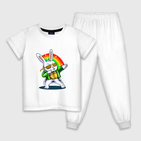 Детская пижама хлопок с принтом кролик танцует в Тюмени, 100% хлопок |  брюки и футболка прямого кроя, без карманов, на брюках мягкая резинка на поясе и по низу штанин
 | Тематика изображения на принте: белый | костюм | кролик | очки | радуга | танец