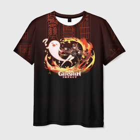 Мужская футболка 3D с принтом Genshin Impact - Hu Tao в Тюмени, 100% полиэфир | прямой крой, круглый вырез горловины, длина до линии бедер | anime | fire | firefly | game | gamer | genshin | genshin impact | hu tao | hutao | impact | аниме | архонт | ваншу | геншин | геншин импакт | дилюк | импакт | ли юэ | огонь | призрак | ху тао | хутао