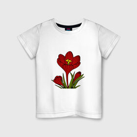 Детская футболка хлопок с принтом Красные тюльпаны в Тюмени, 100% хлопок | круглый вырез горловины, полуприлегающий силуэт, длина до линии бедер | картинки | лето | листья | популярные | прикольные | природа | тренды | тюльпаны | цветы