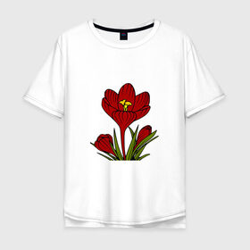 Мужская футболка хлопок Oversize с принтом Красные тюльпаны в Тюмени, 100% хлопок | свободный крой, круглый ворот, “спинка” длиннее передней части | Тематика изображения на принте: картинки | лето | листья | популярные | прикольные | природа | тренды | тюльпаны | цветы