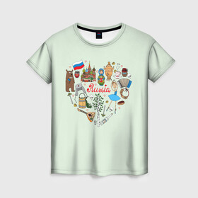Женская футболка 3D с принтом Россия в Тюмени, 100% полиэфир ( синтетическое хлопкоподобное полотно) | прямой крой, круглый вырез горловины, длина до линии бедер | балалайка | балерина | матрешка | медведь | россия | храм василия блаженого