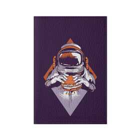 Обложка для паспорта матовая кожа с принтом Космонавт ест бургер в Тюмени, натуральная матовая кожа | размер 19,3 х 13,7 см; прозрачные пластиковые крепления | Тематика изображения на принте: cosmonaut | граффити | космонавт | космонавт ест бургер | космос | рисунок | тату | татуировки | фиолетовый фон