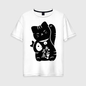 Женская футболка хлопок Oversize с принтом Манэки-нэко в Тюмени, 100% хлопок | свободный крой, круглый ворот, спущенный рукав, длина до линии бедер
 | животное | зверь | кот | кот качает лапой | кот с рыбой | кошка | манэки нэко