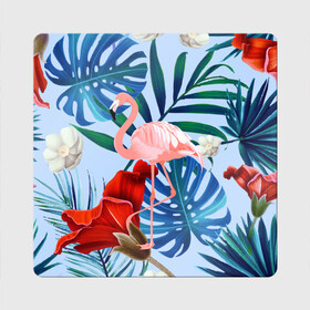 Магнит виниловый Квадрат с принтом Фламинго в папоротнике в Тюмени, полимерный материал с магнитным слоем | размер 9*9 см, закругленные углы | папоротник | птица | рисунок | тропики | фламинго | фламинго в папоротнике