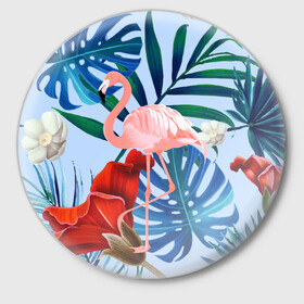 Значок с принтом Фламинго в папоротнике в Тюмени,  металл | круглая форма, металлическая застежка в виде булавки | папоротник | птица | рисунок | тропики | фламинго | фламинго в папоротнике