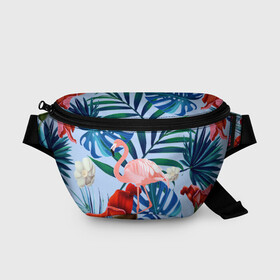 Поясная сумка 3D с принтом Фламинго в папоротнике в Тюмени, 100% полиэстер | плотная ткань, ремень с регулируемой длиной, внутри несколько карманов для мелочей, основное отделение и карман с обратной стороны сумки застегиваются на молнию | папоротник | птица | рисунок | тропики | фламинго | фламинго в папоротнике