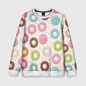 Детский свитшот 3D с принтом Пончики / Donuts в Тюмени, 100% полиэстер | свободная посадка, прямой крой, мягкая тканевая резинка на рукавах и понизу свитшота | bagel | cookies | donut | pastry | pie | ring | бублик | выпечка | колечко | печенье | пирожок | пончик