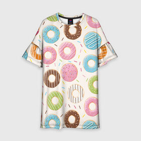 Детское платье 3D с принтом Пончики / Donuts в Тюмени, 100% полиэстер | прямой силуэт, чуть расширенный к низу. Круглая горловина, на рукавах — воланы | Тематика изображения на принте: bagel | cookies | donut | pastry | pie | ring | бублик | выпечка | колечко | печенье | пирожок | пончик