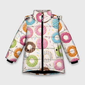 Зимняя куртка для девочек 3D с принтом Пончики / Donuts в Тюмени, ткань верха — 100% полиэстер; подклад — 100% полиэстер, утеплитель — 100% полиэстер. | длина ниже бедра, удлиненная спинка, воротник стойка и отстегивающийся капюшон. Есть боковые карманы с листочкой на кнопках, утяжки по низу изделия и внутренний карман на молнии. 

Предусмотрены светоотражающий принт на спинке, радужный светоотражающий элемент на пуллере молнии и на резинке для утяжки. | bagel | cookies | donut | pastry | pie | ring | бублик | выпечка | колечко | печенье | пирожок | пончик