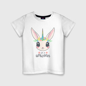 Детская футболка хлопок с принтом Кролик-единорог в Тюмени, 100% хлопок | круглый вырез горловины, полуприлегающий силуэт, длина до линии бедер | Тематика изображения на принте: animals | bunny | unicorn | единорог | животные | кролик