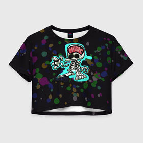 Женская футболка Crop-top 3D с принтом Friday Night Funkin в Тюмени, 100% полиэстер | круглая горловина, длина футболки до линии талии, рукава с отворотами | игра | краски | микрофон | музыка | неон | скелет