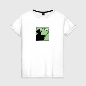 Женская футболка хлопок с принтом Смерть и божья коровка в Тюмени, 100% хлопок | прямой крой, круглый вырез горловины, длина до линии бедер, слегка спущенное плечо | death | божья коровка | монстр | скелет | череп