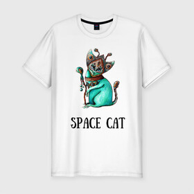 Мужская футболка хлопок Slim с принтом Space cat в Тюмени, 92% хлопок, 8% лайкра | приталенный силуэт, круглый вырез ворота, длина до линии бедра, короткий рукав | cat | space | инопланетянин | киска | космос | кошка