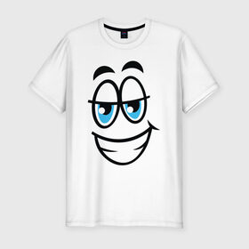 Мужская футболка хлопок Slim с принтом Улыбающийся смайл в Тюмени, 92% хлопок, 8% лайкра | приталенный силуэт, круглый вырез ворота, длина до линии бедра, короткий рукав | мультфильм | рожа | рожица | смайлик | улыбающееся лицо | улыбающийся | улыбка