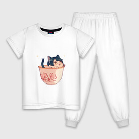 Детская пижама хлопок с принтом Котик Сян Лин в Тюмени, 100% хлопок |  брюки и футболка прямого кроя, без карманов, на брюках мягкая резинка на поясе и по низу штанин
 | арт | кружка | кружка чая | милая девушка | неко | рисунок | сян лин | чашка