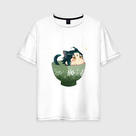 Женская футболка хлопок Oversize с принтом Котик Сяо в Тюмени, 100% хлопок | свободный крой, круглый ворот, спущенный рукав, длина до линии бедер
 | Тематика изображения на принте: арт | кружка | кружка чая | милый парень | неко | рисунок | сяо | чашка