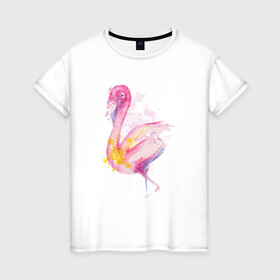Женская футболка хлопок с принтом Фламинго рисунок акварелью в Тюмени, 100% хлопок | прямой крой, круглый вырез горловины, длина до линии бедер, слегка спущенное плечо | africa | afrika | aquarel | bird | fashion | flamingo | paint | painted | pink flamingo | summer | watercolor | watercolour | акварельный рисунок | африка | красками | краски | лето | мода | нарисованный фламинго | птица | розовый фламинго | 