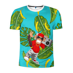 Мужская футболка 3D спортивная с принтом Репер в Тюмени, 100% полиэстер с улучшенными характеристиками | приталенный силуэт, круглая горловина, широкие плечи, сужается к линии бедра | банан | бананы | баста | горила | джига | джиган | джунгли | кинконг | конг | маугли | море | музыка | обезьяна | пальма | пальмы | планета обезьян | пляж | путешествие | репер | реперы | солнце | тим | тима