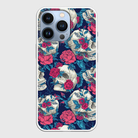 Чехол для iPhone 13 Pro с принтом Реалистичные черепа с розами в Тюмени,  |  | flower | flowers | gothic | pattern | roses | skull | skull merch | tattoo | букет | готика | дизайн с черепами | красные розы | паттерн | принт с черепами | рисунок черепа | роза | розы | татуировка | узор | флора | цветы | череп