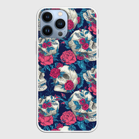 Чехол для iPhone 13 Pro Max с принтом Реалистичные черепа с розами в Тюмени,  |  | flower | flowers | gothic | pattern | roses | skull | skull merch | tattoo | букет | готика | дизайн с черепами | красные розы | паттерн | принт с черепами | рисунок черепа | роза | розы | татуировка | узор | флора | цветы | череп