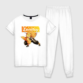 Женская пижама хлопок с принтом ЗЕНИЦУ | ZENITSU в Тюмени, 100% хлопок | брюки и футболка прямого кроя, без карманов, на брюках мягкая резинка на поясе и по низу штанин | demon slayer | giuy tomioka | kimetsu no yaiba | nezuko | shinobu | slayer | tanjiro | zenitsu | гию томиока | зенитсу | зенитцу | иноске хашибира | клинок рассекающий демонов | незуко | танджиро | шинобу кочо