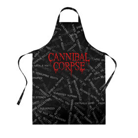 Фартук 3D с принтом Cannibal Corpse | Songs (Z) в Тюмени, 100% полиэстер | общий размер — 65 х 85 см, ширина нагрудника — 26 см, горловина — 53 см, длина завязок — 54 см, общий обхват в поясе — 173 см. Принт на завязках и на горловине наносится с двух сторон, на основной части фартука — только с внешней стороны | cannibal | cannibal corpse | corpse | death metal | deathgrind | алекс уэбстер | брутальный дэт метал | дэт метал | дэтграйнд | пол мазуркевич | роб барретт | труп каннибала