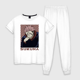 Женская пижама хлопок с принтом Сукуна в Тюмени, 100% хлопок | брюки и футболка прямого кроя, без карманов, на брюках мягкая резинка на поясе и по низу штанин | gojo | jujutsu | jutsu kaisen | satoru | sukuna | yuji itadori | битва | годжо | демон | итадори | магическая | рёмен | сакуна | сатору | сукуна | сукуно | юдзи