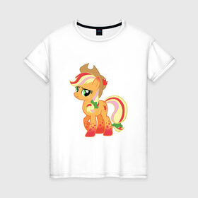 Женская футболка хлопок с принтом My Little Pony - AppleJack в Тюмени, 100% хлопок | прямой крой, круглый вырез горловины, длина до линии бедер, слегка спущенное плечо | applejack | friendship | mylittlepony | twilight sparkle | waifu | вайфу | дружба это магия | кони | моя маленькая пони | мультфильм | пони | эплджек