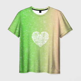 Мужская футболка 3D с принтом Сердечко АПВ 5ЗП в Тюмени, 100% полиэфир | прямой крой, круглый вырез горловины, длина до линии бедер | qr код | амулет | антивирус | антидепрессант | антистресс | градиент | зеленый | иммуномодулятор | коллаж | оберег | персиковый | сердечко | талисман