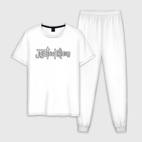 Мужская пижама хлопок с принтом JUJUTSU KAISEN белая надпись в Тюмени, 100% хлопок | брюки и футболка прямого кроя, без карманов, на брюках мягкая резинка на поясе и по низу штанин
 | anime | japan | japanese | jujutsu | jujutsu kaisen | kaisen | sukuna | аниме | двуликий призрак | иероглифы | инумаки | итадори | итадори юдзи | магическая битва | нобара | панда | рёмен | рёмен сукуна | сатору | сукуна | юдзи