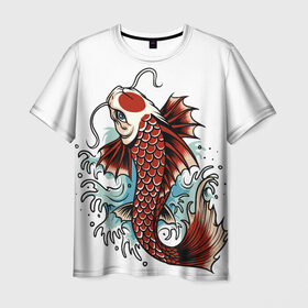 Мужская футболка 3D с принтом Карп Кои (Япония) в Тюмени, 100% полиэфир | прямой крой, круглый вырез горловины, длина до линии бедер | Тематика изображения на принте: fish | japan | koi | животные | иероглифы | карпы | кои | рыбы | цветы | япония