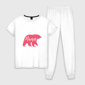 Женская пижама хлопок с принтом Мама Медведица в Тюмени, 100% хлопок | брюки и футболка прямого кроя, без карманов, на брюках мягкая резинка на поясе и по низу штанин | art | bear | bears | mama | mom | mom bear | pink bear | арт | белая медведица | белый медведь | животные | иллюстрация | лучшая мама | лучшая мама мерч | лучшая мама рисунок | мамочка | мамуля | медведь | медведь рисунок