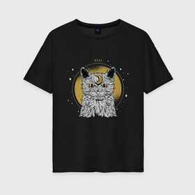 Женская футболка хлопок Oversize с принтом Лунный котик в Тюмени, 100% хлопок | свободный крой, круглый ворот, спущенный рукав, длина до линии бедер
 | astro | cat | esoteric | kitten | kitty | moon cat | stars | taro | tarot | астро | астрология | гадалка | гадание | звезды | каббала | карта таро | карта таро с котом | кот | кот с луной | котенок | кошка | луна | нумерология