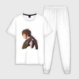 Мужская пижама хлопок с принтом Чжун Ли в Тюмени, 100% хлопок | брюки и футболка прямого кроя, без карманов, на брюках мягкая резинка на поясе и по низу штанин
 | арт | милый парень | моракс | рисунок | чжун ли