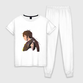 Женская пижама хлопок с принтом Чжун Ли в Тюмени, 100% хлопок | брюки и футболка прямого кроя, без карманов, на брюках мягкая резинка на поясе и по низу штанин | арт | милый парень | моракс | рисунок | чжун ли