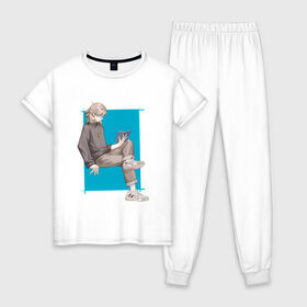 Женская пижама хлопок с принтом Современный Альбедо в Тюмени, 100% хлопок | брюки и футболка прямого кроя, без карманов, на брюках мягкая резинка на поясе и по низу штанин | альбедо | арт | блондин | милый парень | рисунок