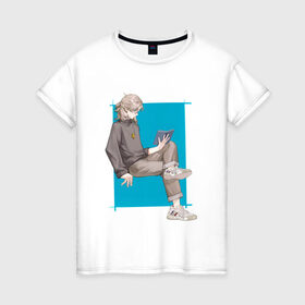 Женская футболка хлопок с принтом Современный Альбедо в Тюмени, 100% хлопок | прямой крой, круглый вырез горловины, длина до линии бедер, слегка спущенное плечо | альбедо | арт | блондин | милый парень | рисунок